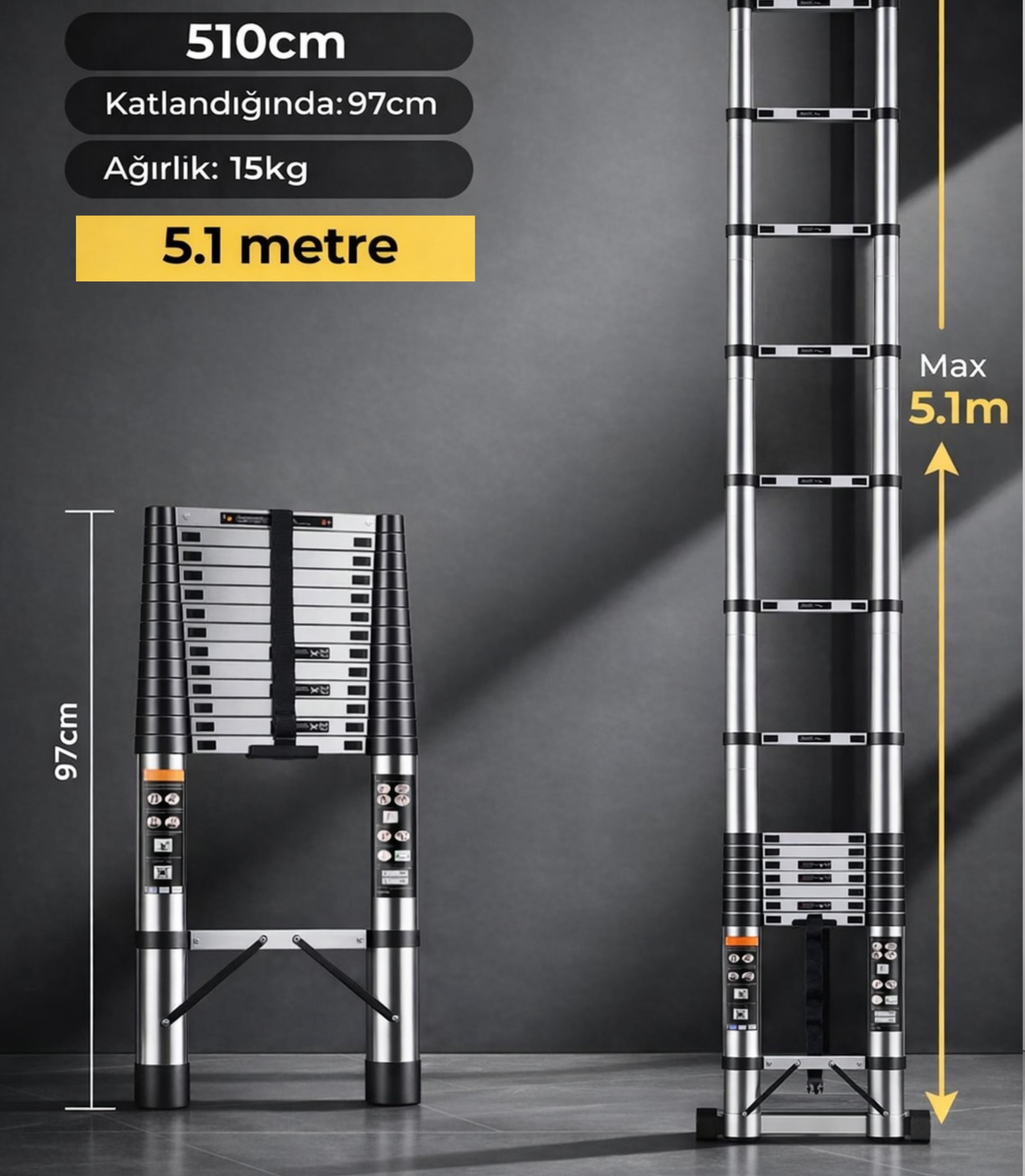 Larens CLIMBEX Titan 5 Metre Teleskopik Merdiven – Güvenli Kilit Sistemli Profesyonel Model 