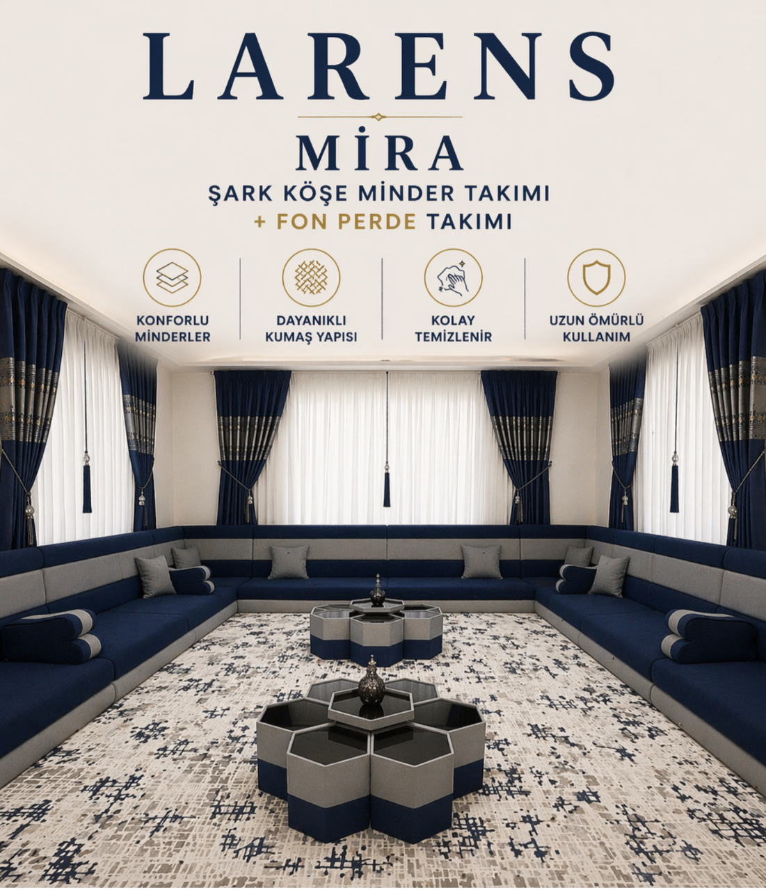 Larens Mira Şark Köşe Minder Takımı - Lacivert Gri
