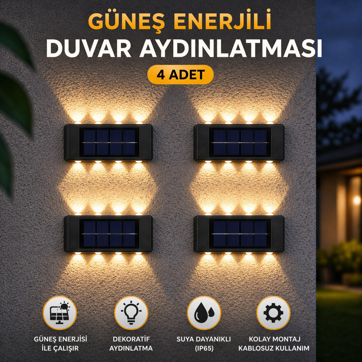 LARENS Güneş Enerjili 10 LED Duvar Aplik Bahçe Balkon Dış Mekan Aydınlatma