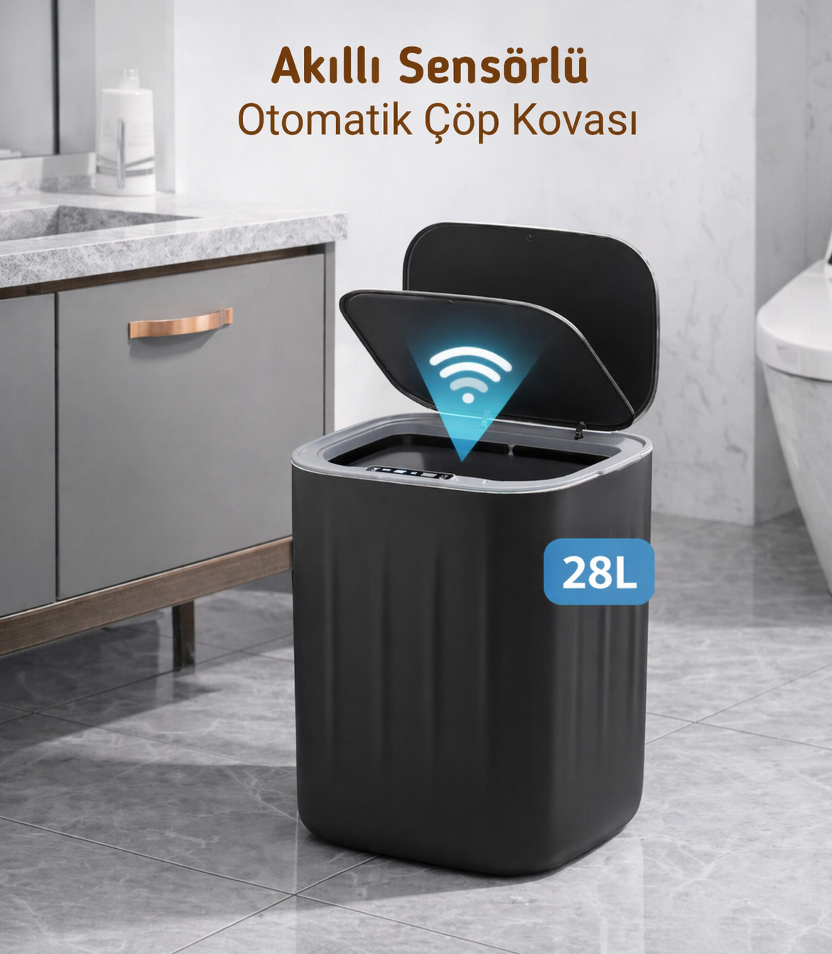 SUNORA Akıllı Sensörlü Otomatik Kapaklı Çöp Kovası – Temassız Hijyenik Çöp Kutusu 