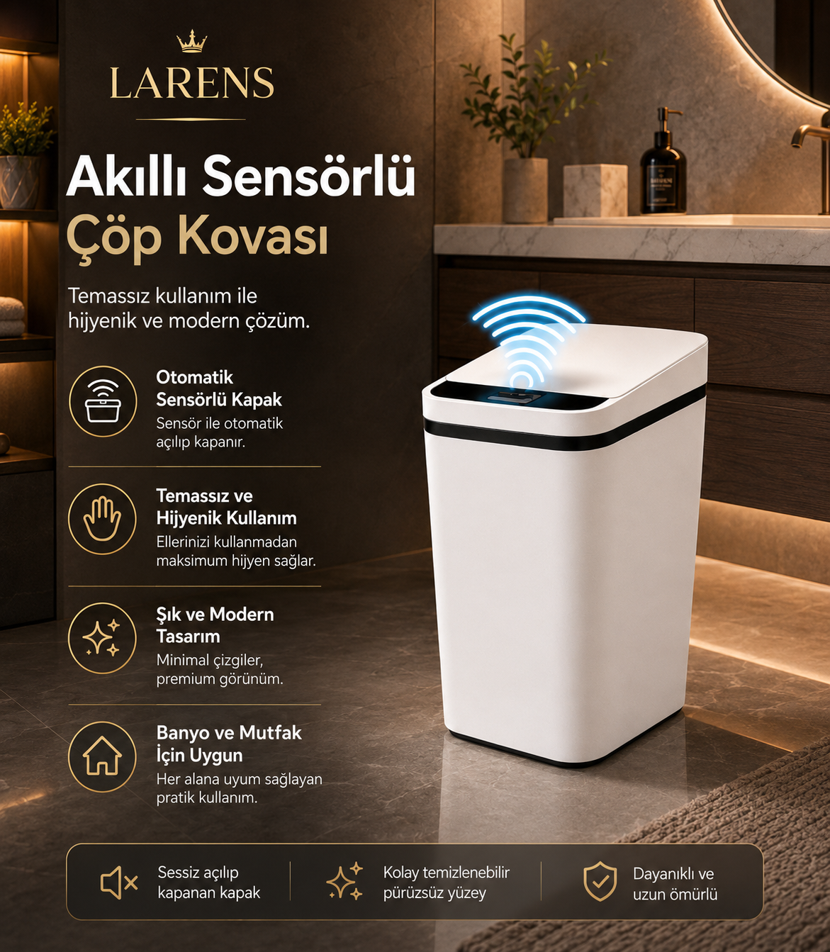 Clean S1 Akıllı Sensörlü Otomatik Kapaklı Hijyenik Çöp Kovası