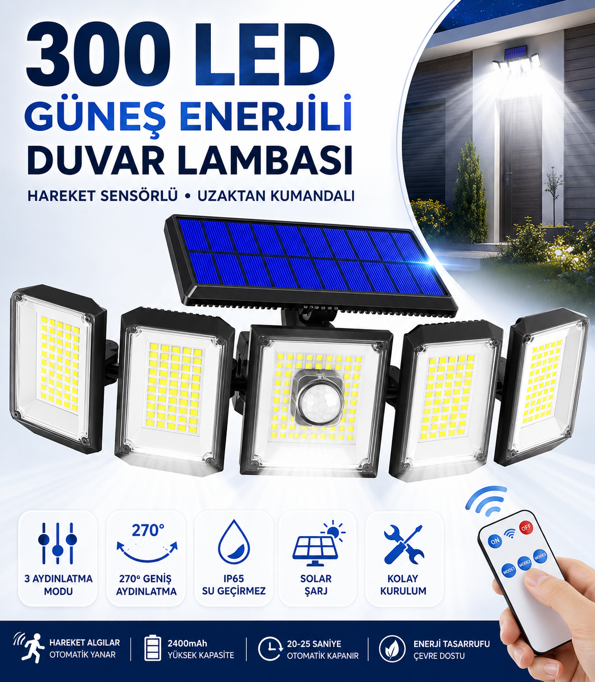 SolarMax 300 LED Güneş Enerjili Hareket Sensörlü Duvar Lambası