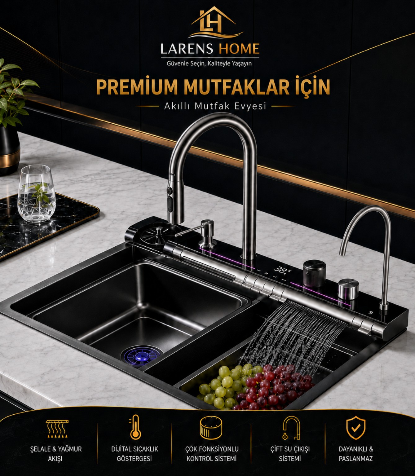 LARENS VELORA AKILLI DİJİTAL GÖSTERGELİ EVİYE SETİ (304 ÇELİK – 4MM)
